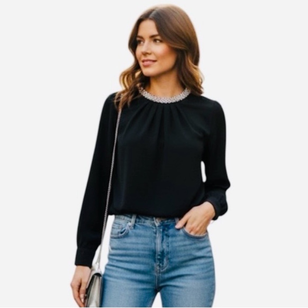 Lulumari long-sleeved beaded collar top in black Size small Women's Top